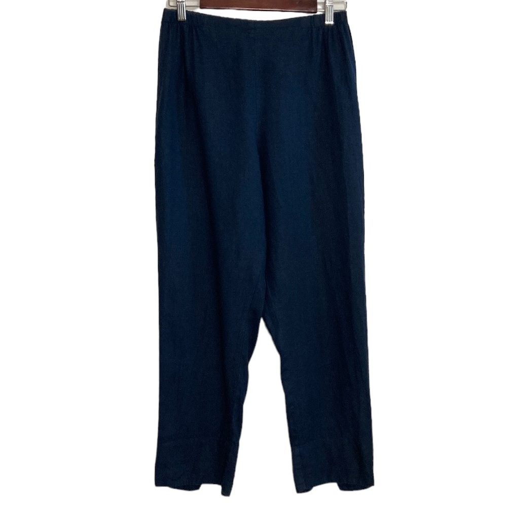 Flax Pants Women Small Navy Blue Linen Relaxed Loose Crop Resortwear